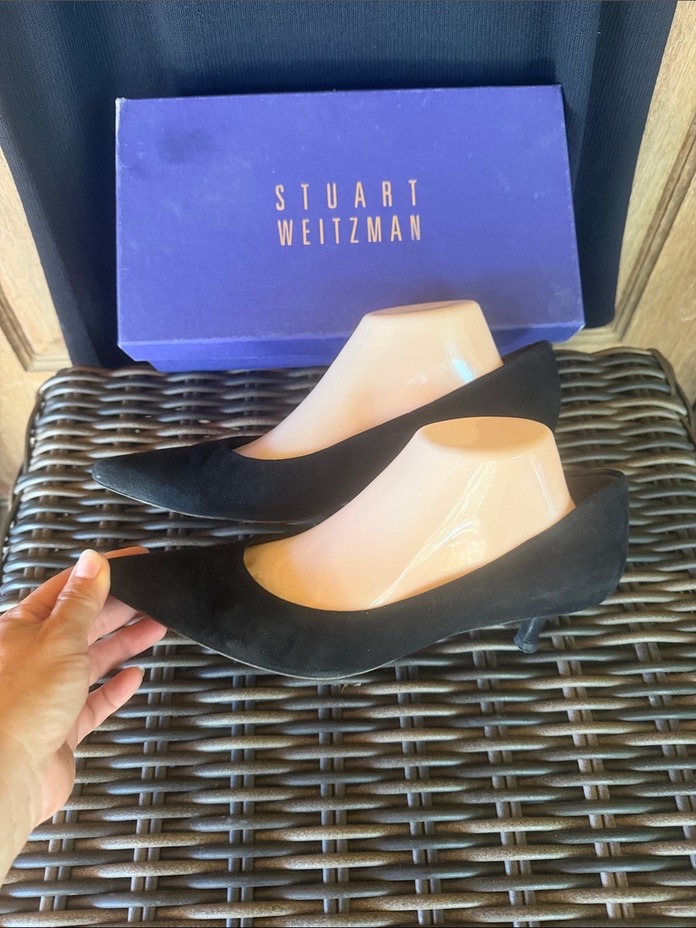 Stuart Weitzman Black Suede Pointed-Toe Kitten Heel Pumps